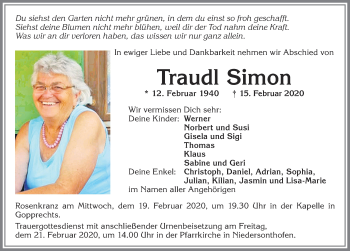 Traueranzeigen Von Traudl Simon Allg Uer Zeitung