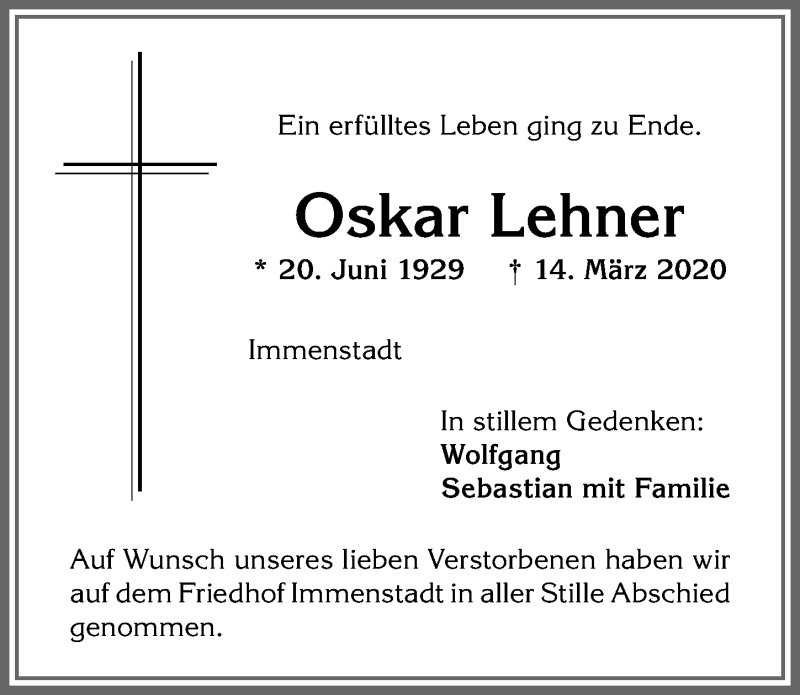 Traueranzeigen Von Oskar Lehner Allg Uer Zeitung