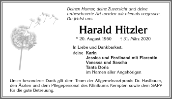 Traueranzeigen von Harald Hitzler Allgäuer Zeitung