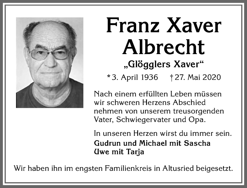 Traueranzeigen Von Franz Xaver Albrecht Allg Uer Zeitung