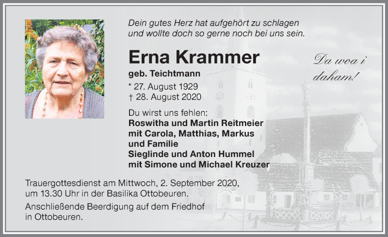 Traueranzeigen Von Erna Krammer Allg Uer Zeitung