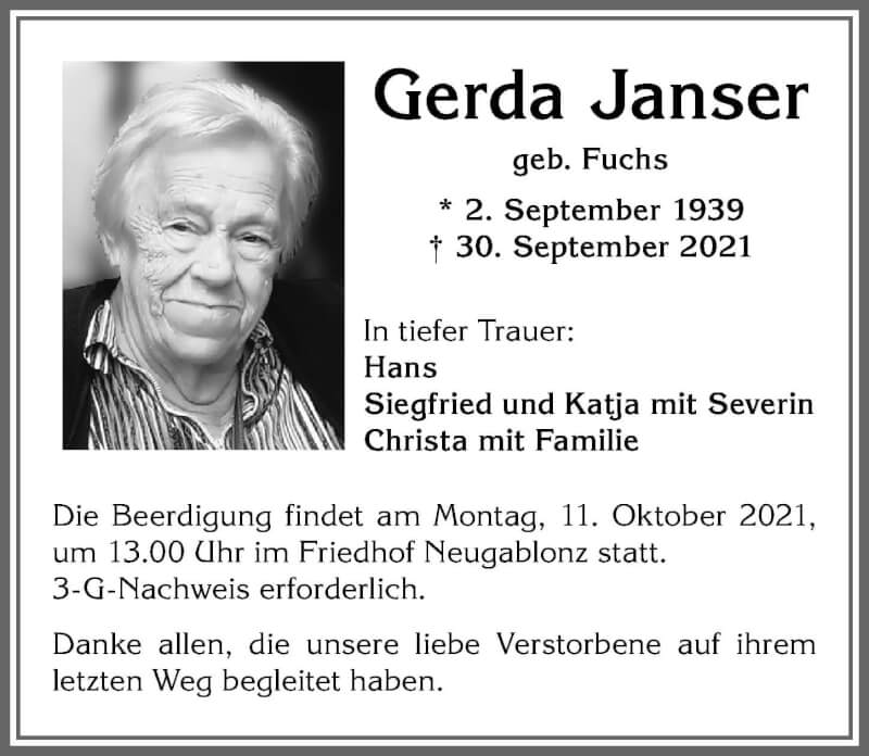 Traueranzeigen Von Gerda Janser Allg Uer Zeitung