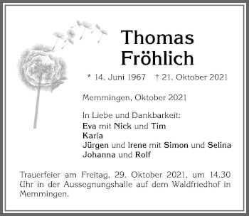 Traueranzeigen von Thomas Fröhlich Allgäuer Zeitung