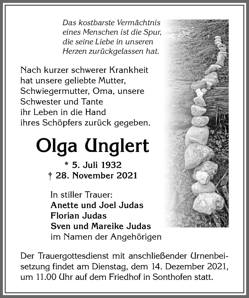 Traueranzeigen Von Olga Unglert Allg Uer Zeitung