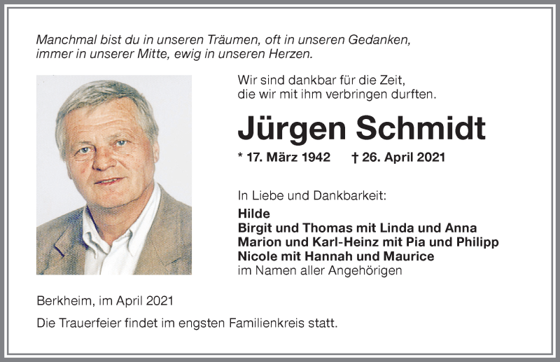 Traueranzeigen Von J Rgen Schmidt Allg Uer Zeitung