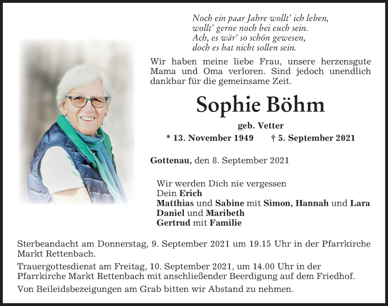 Traueranzeigen Von Sophie B Hm Allg Uer Zeitung