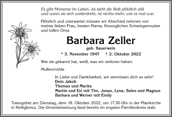 Traueranzeigen von Barbara Zeller Allgäuer Zeitung