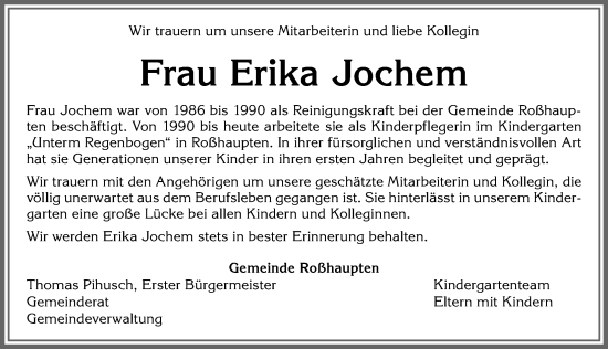 Traueranzeigen Von Erika Jochem Allg Uer Zeitung