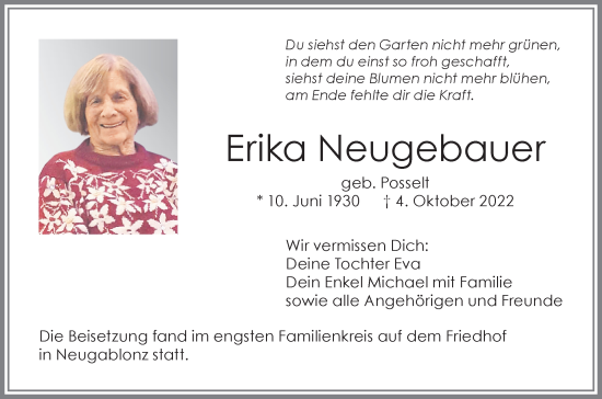 Traueranzeigen Von Erika Neugebauer Allg Uer Zeitung