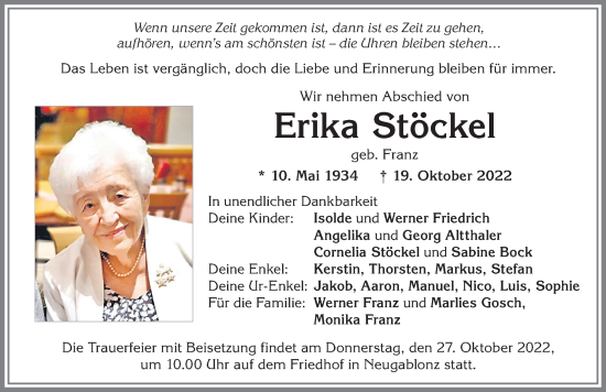 Traueranzeigen Von Erika St Ckel Allg Uer Zeitung