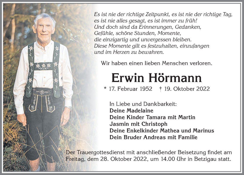 Traueranzeigen von Erwin Hörmann Allgäuer Zeitung