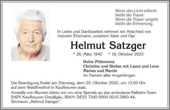 Traueranzeigen von Helmut Satzger Allgäuer Zeitung