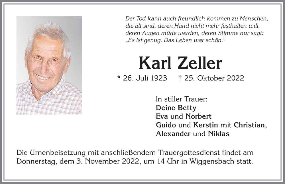 Traueranzeigen Von Karl Zeller Allg Uer Zeitung