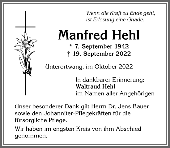 Traueranzeigen von Manfred Hehl Allgäuer Zeitung