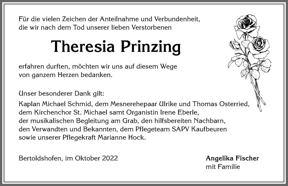 Traueranzeigen von Theresia Prinzing Allgäuer Zeitung