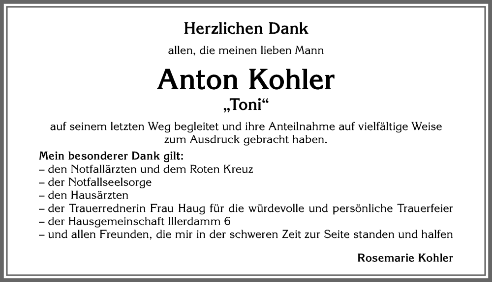 Traueranzeigen Von Anton Kohler Allg Uer Zeitung