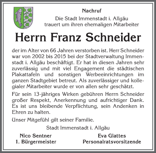 Traueranzeigen Von Franz Schneider Allg Uer Zeitung