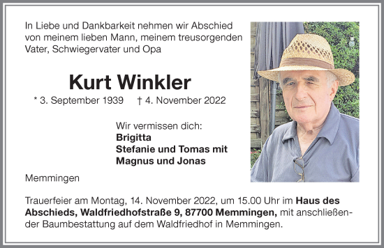 Traueranzeigen von Kurt Winkler Allgäuer Zeitung