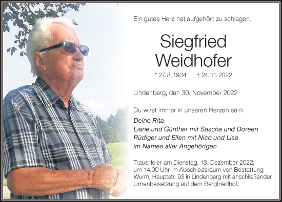 Traueranzeigen von Siegfried Weidhofer Allgäuer Zeitung