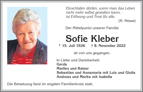 Traueranzeigen Von Sofie Kleber Allg Uer Zeitung