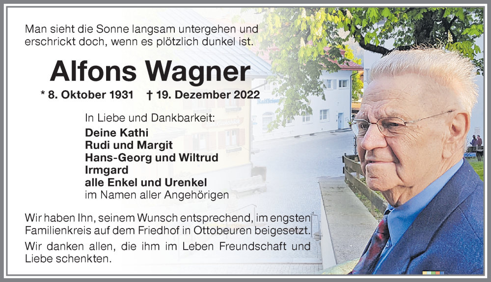 Traueranzeigen von Alfons Wagner Allgäuer Zeitung