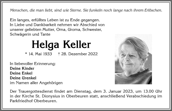 Traueranzeigen Von Helga Keller Allg Uer Zeitung