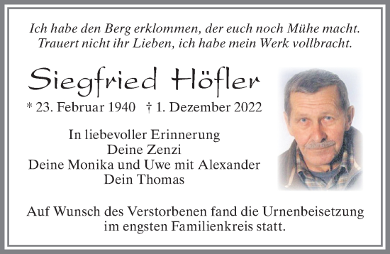 Traueranzeigen Von Siegfried H Fler Allg Uer Zeitung