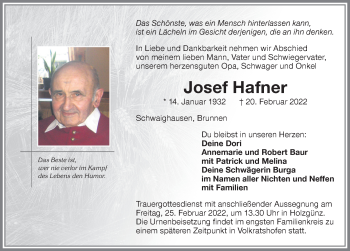 Traueranzeigen Von Josef Hafner Allg Uer Zeitung