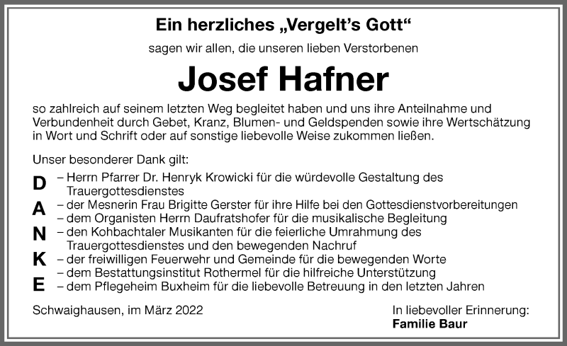 Traueranzeigen Von Josef Hafner Allg Uer Zeitung