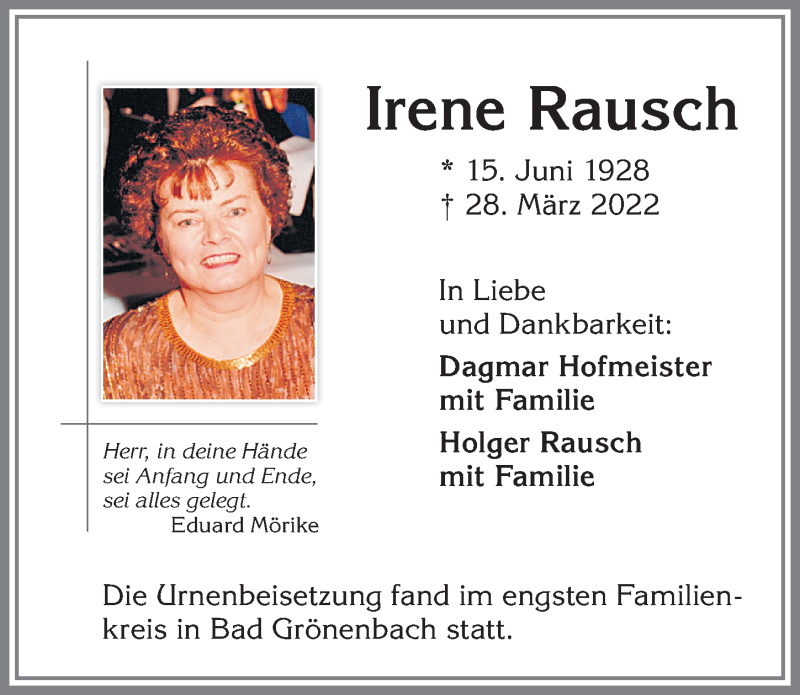 Traueranzeigen von Irene Rausch Allgäuer Zeitung