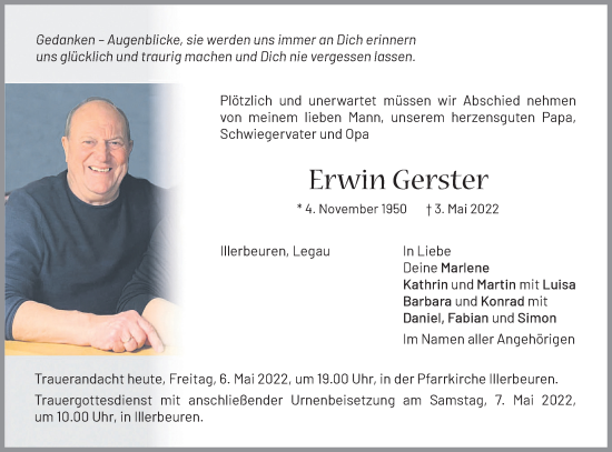 Traueranzeigen Von Erwin Gerster Allg Uer Zeitung