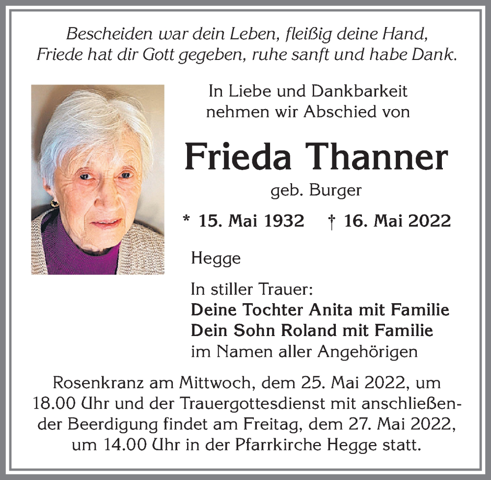 Traueranzeigen von Frieda Thanner Allgäuer Zeitung