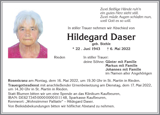 Traueranzeigen Von Hildegard Daser Allg Uer Zeitung