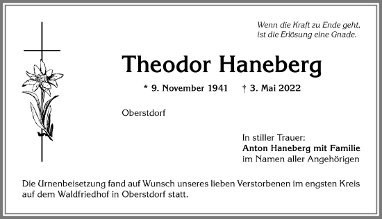 Traueranzeige von Theodor Haneberg von Allgäuer Anzeigeblatt