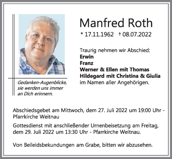 Traueranzeigen Von Manfred Roth Allg Uer Zeitung