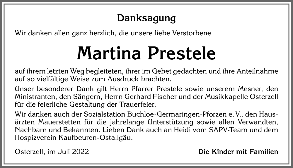 Traueranzeigen von Martina Prestele Allgäuer Zeitung