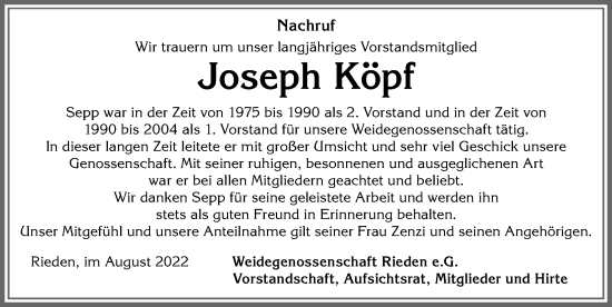 Traueranzeigen von Joseph Köpf Allgäuer Zeitung