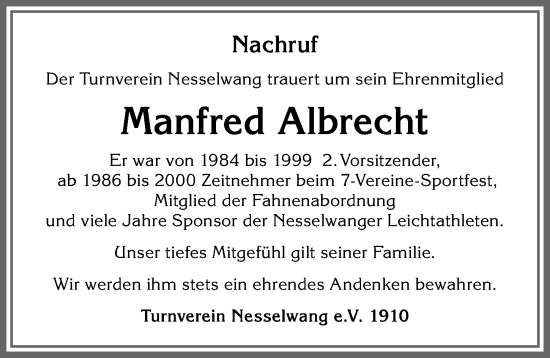 Traueranzeigen Von Manfred Albrecht Allg Uer Zeitung