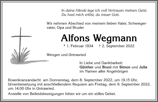 Traueranzeigen von Alfons Wegmann Allgäuer Zeitung