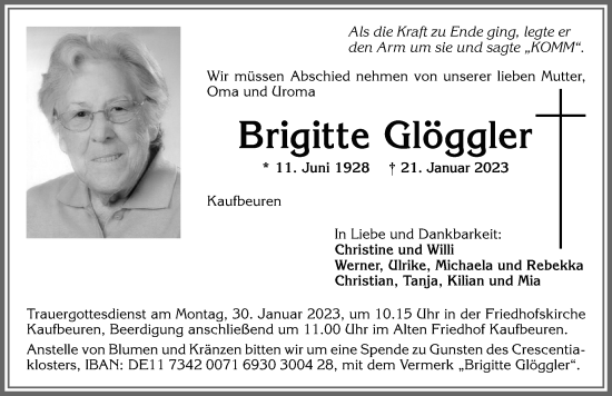 Traueranzeigen von Brigitte Glöggler Allgäuer Zeitung