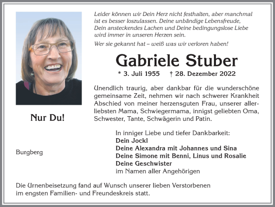 Traueranzeigen von Gabriele Stuber Allgäuer Zeitung