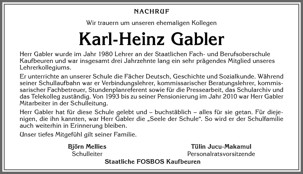 Traueranzeigen Von Karl Heinz Gabler Allg Uer Zeitung