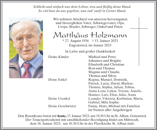 Traueranzeigen von Matthäus Holzmann Allgäuer Zeitung