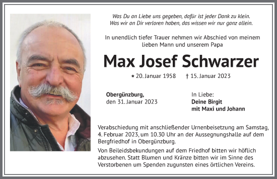 Traueranzeigen Von Max Josef Schwarzer Allg Uer Zeitung