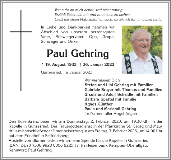 Traueranzeigen von Paul Gehring Allgäuer Zeitung