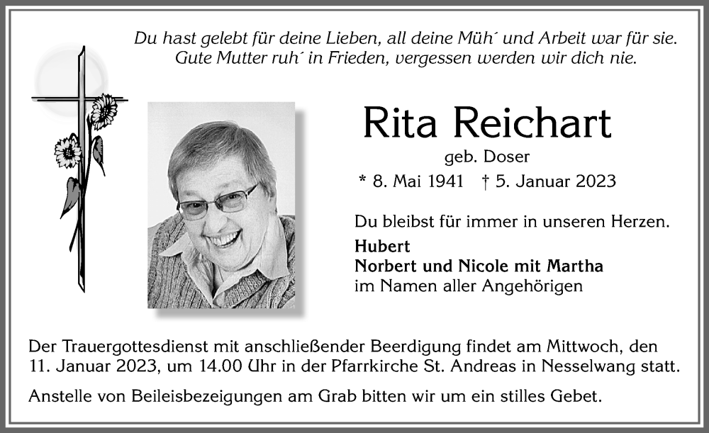 Traueranzeigen Von Rita Reichart Allg Uer Zeitung