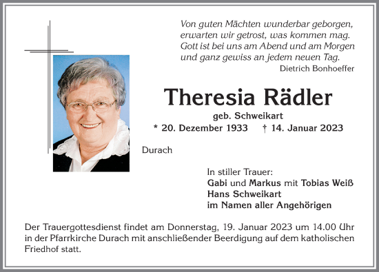 Traueranzeigen Von Theresia R Dler Allg Uer Zeitung