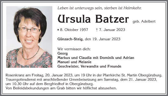 Traueranzeigen von Ursula Batzer Allgäuer Zeitung