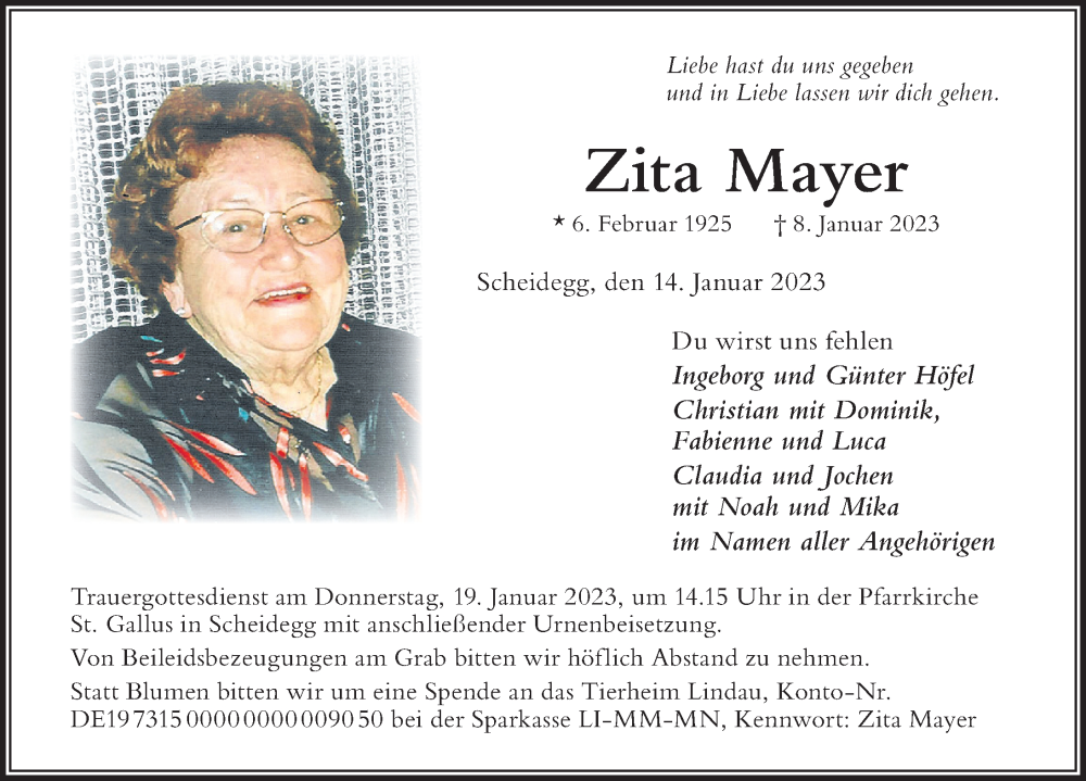 Traueranzeigen Von Zita Mayer Allg Uer Zeitung