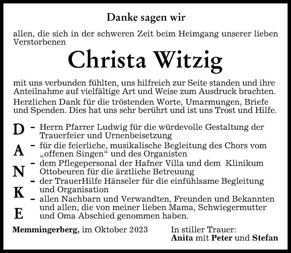 Traueranzeigen von Christa Witzig Allgäuer Zeitung